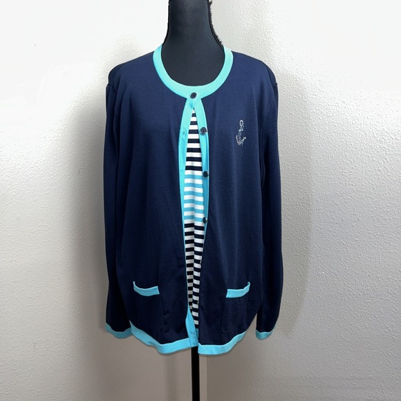 Alfred Dunner Tops - Alfred Dunner Layered Blouse Women's XL Navy Blue Beaded Anchor‎ Nautical Cruise